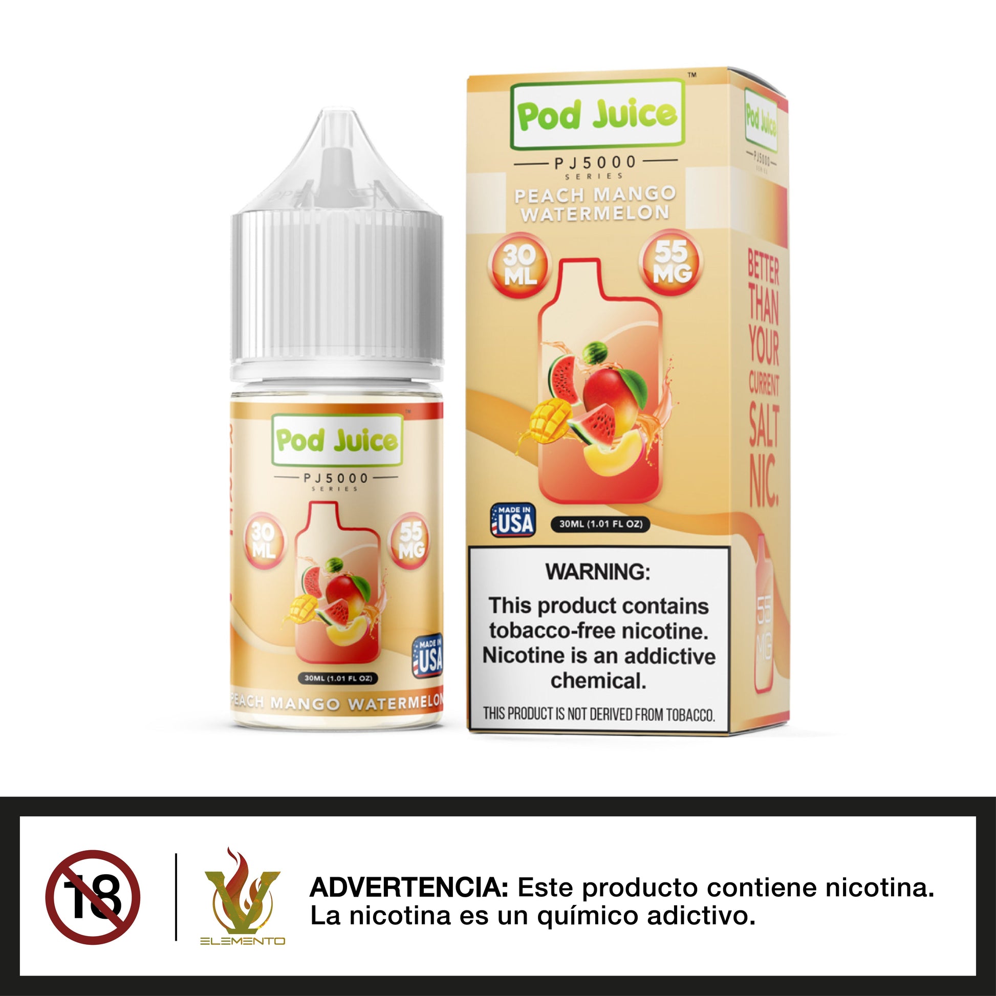 Pod Juice Salt PJ 5000 Series - Peach Mango Watermelon 30ml - Quinto Elemento Vap